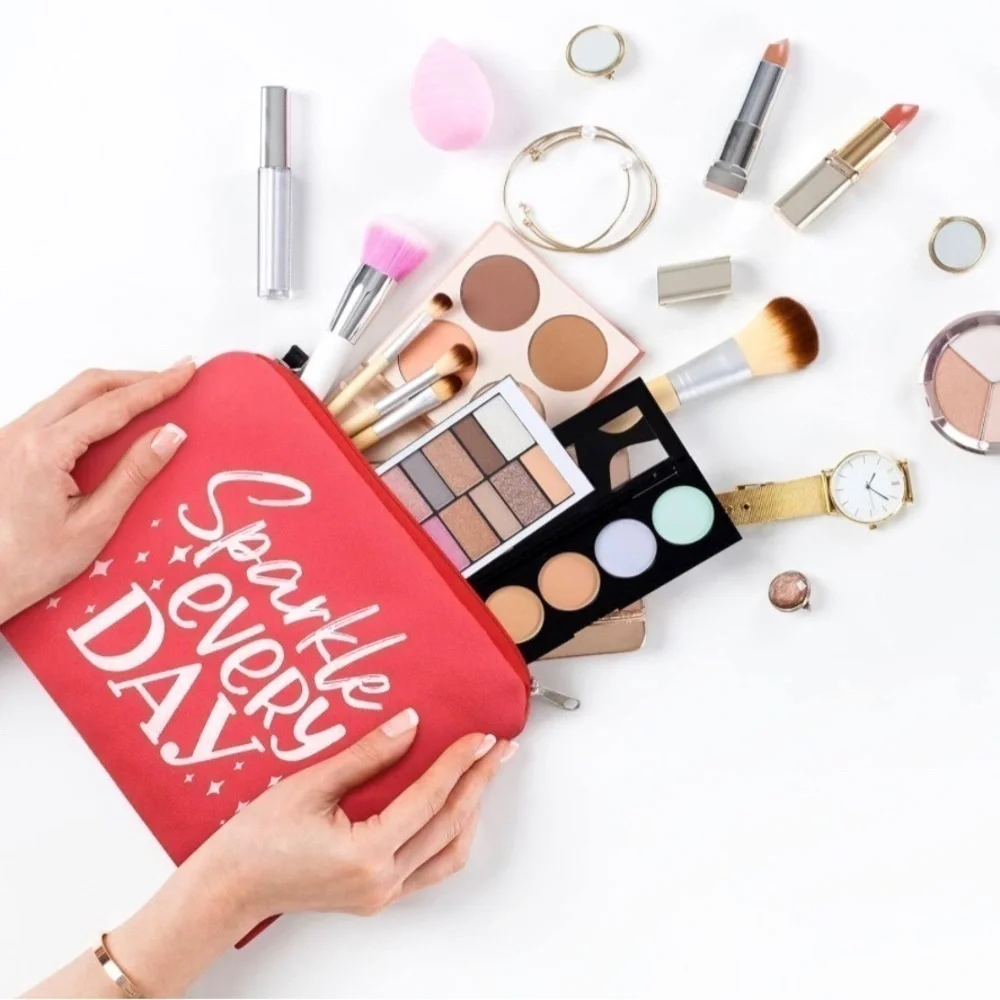 “Sparkle Every Day” Makeup Bag, Travel Pouch, Red, White
